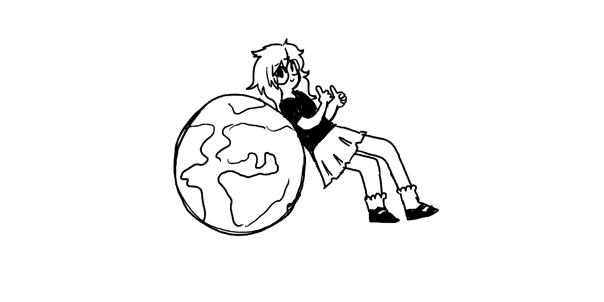 drawing of anna leaning against earth putting thumbs up